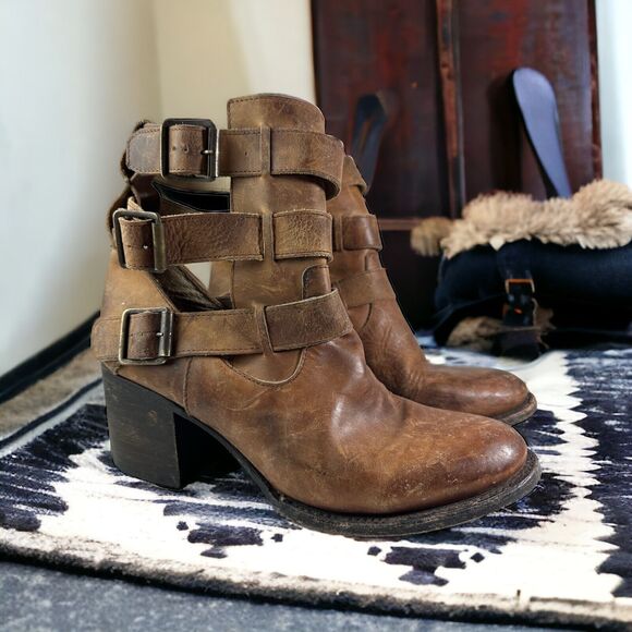 freebird Shoes - Freebird Rollin Bootie Tan Distressed Brown Leather Buckle Boots Free Bird Sz 9